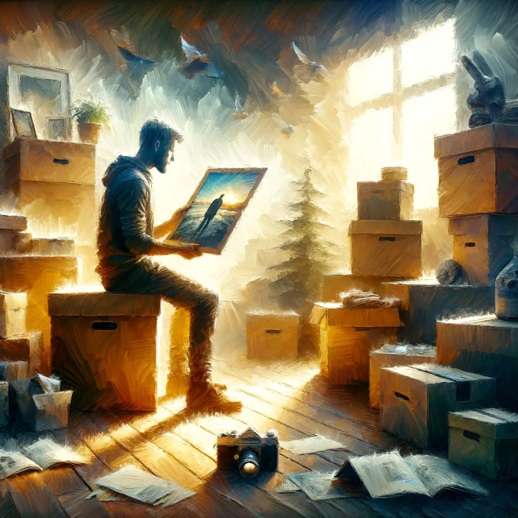 a person discovering an old photograph while packing for a move. The scene blends elements of realism with artistic expression, evoking nostalgia and reflection. It includes elements suggestive of packing, like boxes or personal items, rendered to emphasize the emotional and contemplative aspect of reminiscing about the past during a time of transition