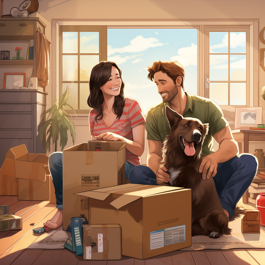 mage capturing a content family with their dog and cat comfortably seated in an open moving box within a home. The pets are adorned with bandanas and a travel tag, signaling their readiness for relocation. The interior of the home is warm and welcoming, with the outline of a new house visible in the background. Items for the move, such as a pet bed, boxes marked "Pet Supplies," a leash, and beloved pet toys, are strategically placed around the family, all rendered in soothing shades of blues, greens, and yellows to evoke a sense of calm during the transition.