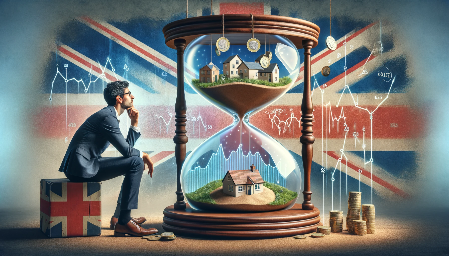 Amidst symbols of economic fluctuation, a person reflects on the gravity of first-time homebuying, with an hourglass melding time, houses, and finances into the decision-making canvas of the UK property market