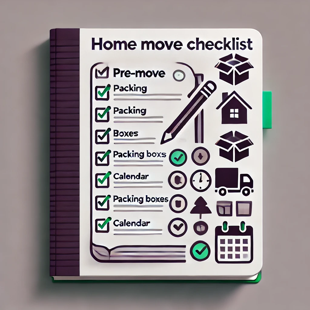 Minimalist image of an notebook checklist with icons for tasks like packing and calendar, symbolizing pre-move planning essentials