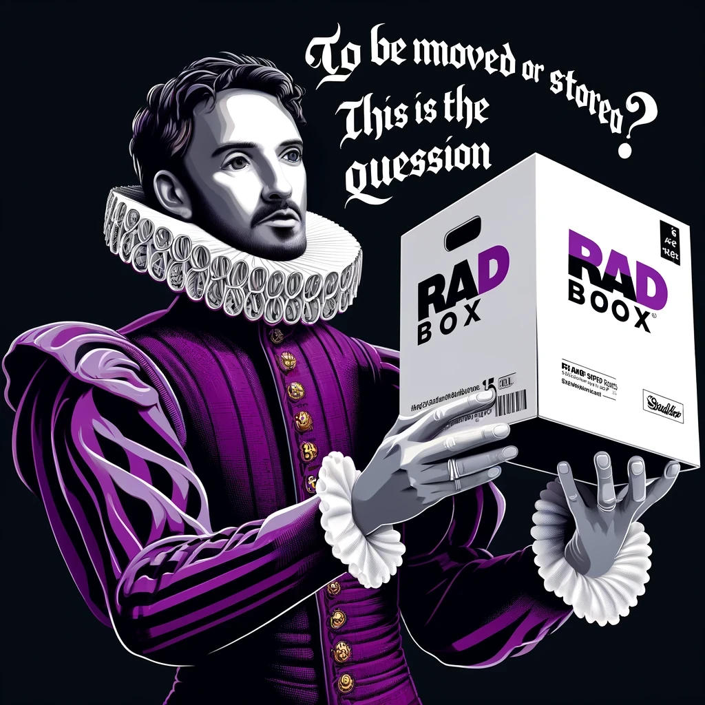 image of Hamlet, portrayed in an Elizabethan setting while holding a 'RadBox'. The scene creatively merges a Shakespearean theme with a contemporary twist, reflecting your brand's identity. You can view the details in the scene above.