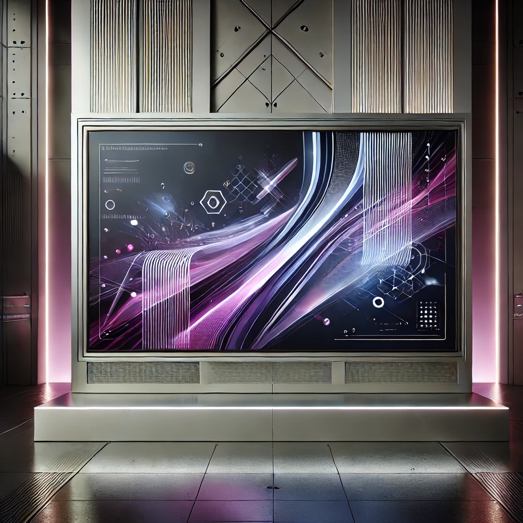 "Futuristic flat-screen TV design with a sci-fi aesthetic, featuring sleek lines and a color palette of purple, grey, and white, symbolizing modern approach of Rad Removals