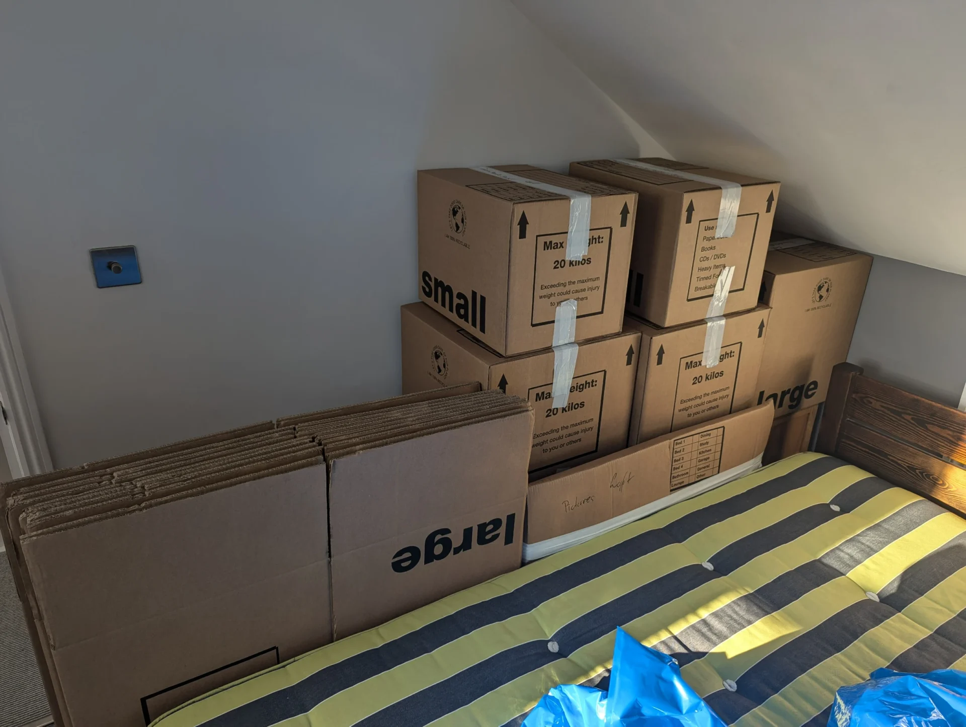 A Set of various packing materials, small boxes, large boxes,