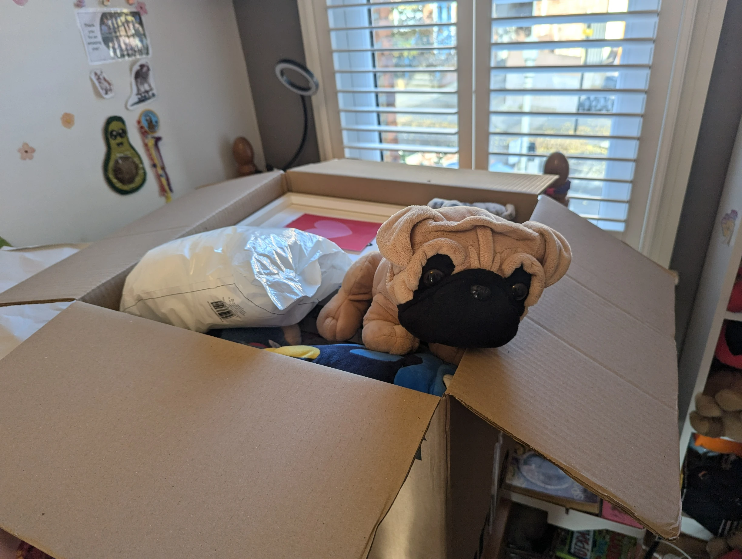 A Packed box of toys and kids bedroom items with a plush dog on top