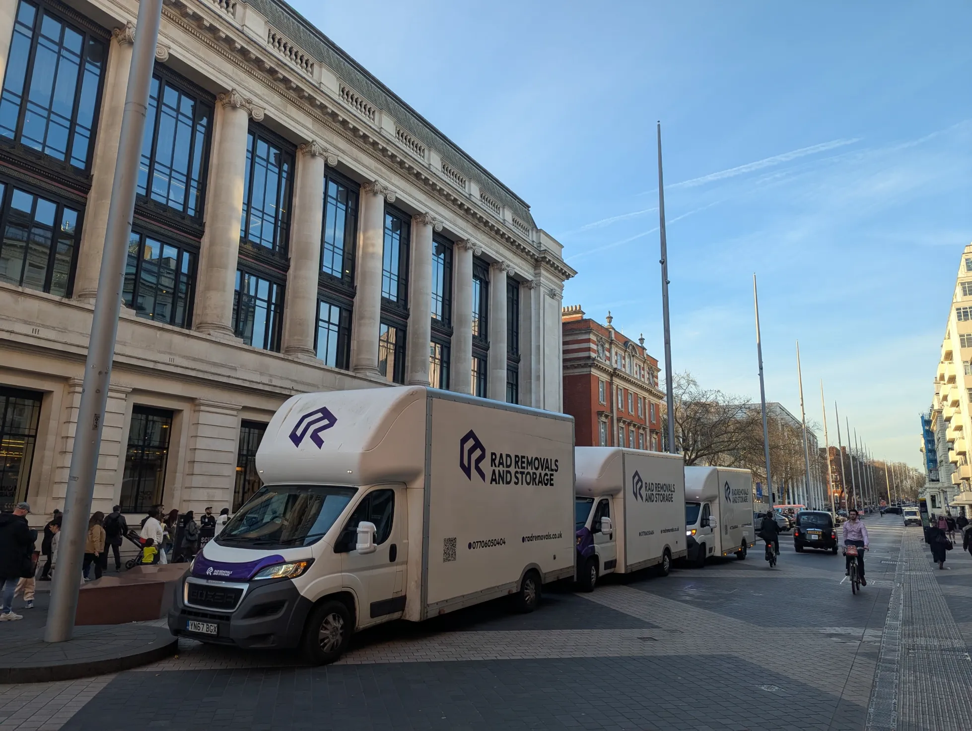 Rad fleet parked in front of the Science Museum in South Kensington, showcasing commercial storage units for offices in Central, South, and South-West London.