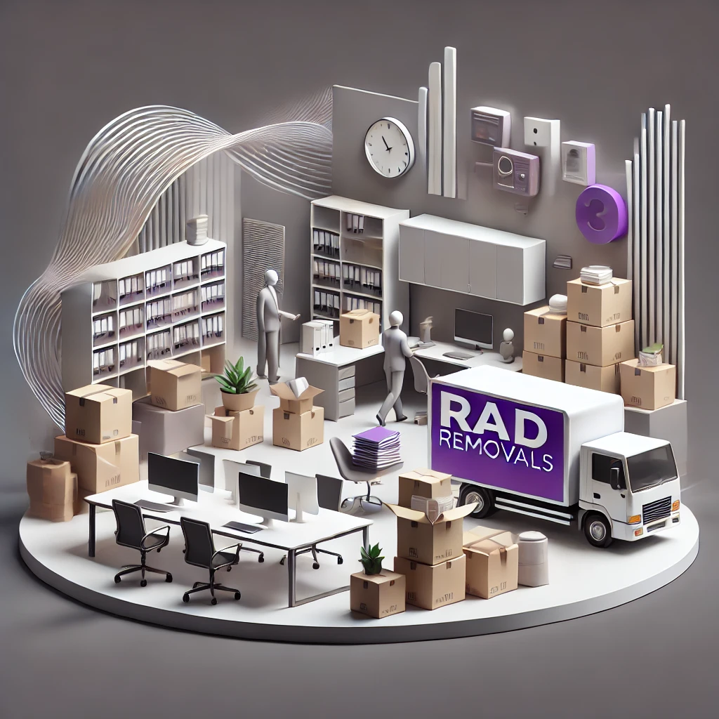A clean, modern workspace with office boxes and supplies being packed, symbolizing organization and efficiency. Abstract elements like flowing lines represent a smooth and professional office move